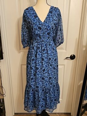 Old Navy Blue Floral V-Neck Midi Dress with Smocked Waist and Puff Sleeves